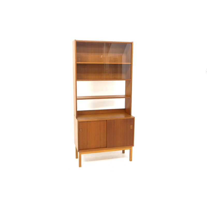 Vintage teak and beechwood display cabinet with sliding doors, Sweden 1960s