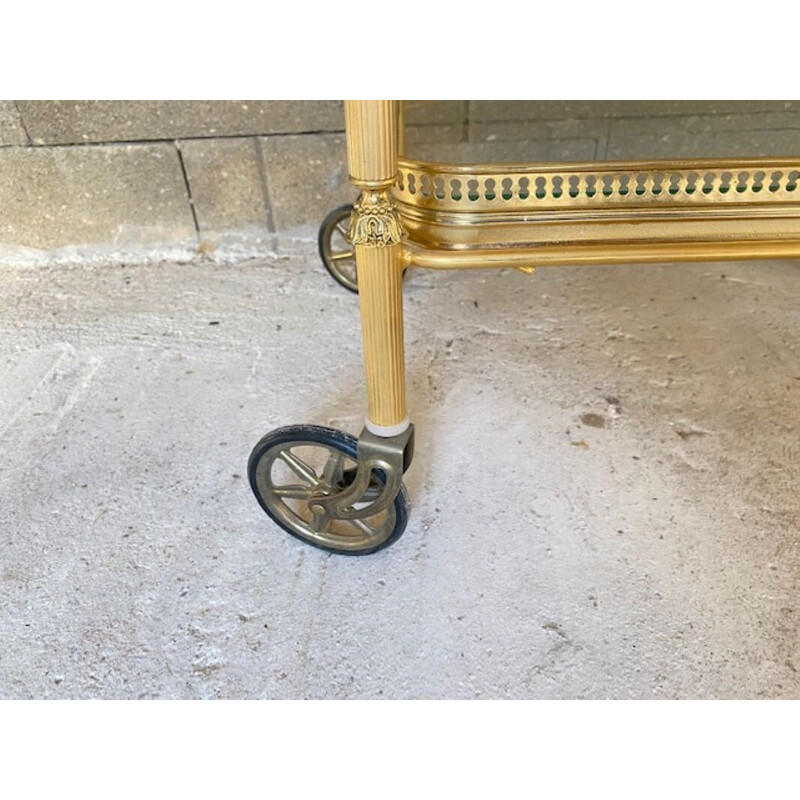 Vintage metal, brass and glass serving table with wheels, 1950s