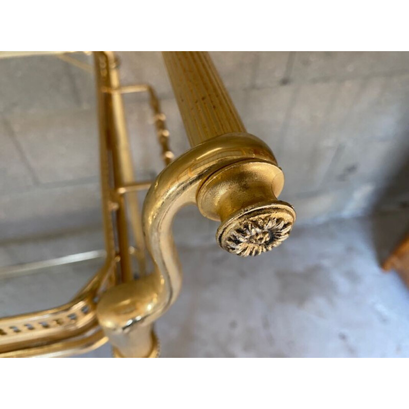 Vintage metal, brass and glass serving table with wheels, 1950s