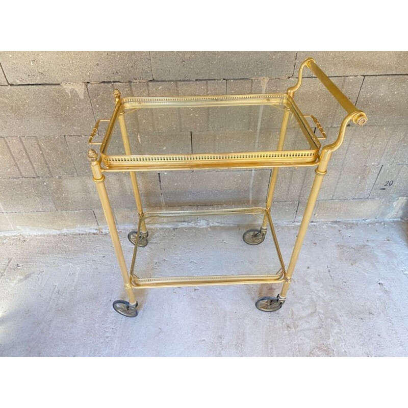 Vintage metal, brass and glass serving table with wheels, 1950s