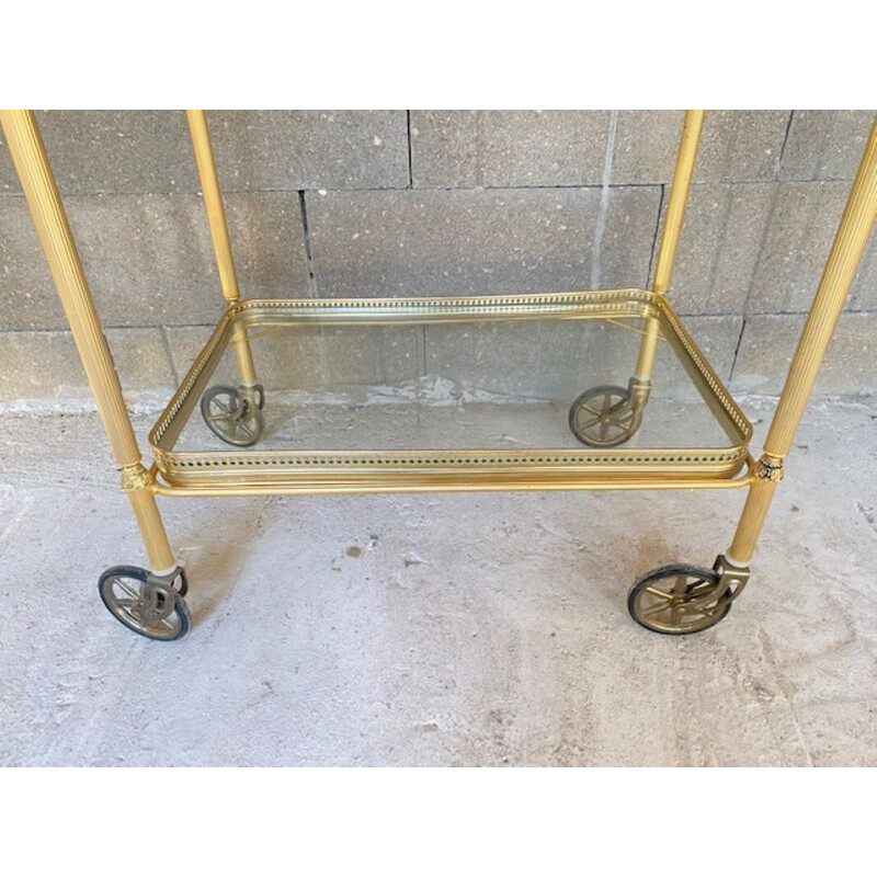 Vintage metal, brass and glass serving table with wheels, 1950s