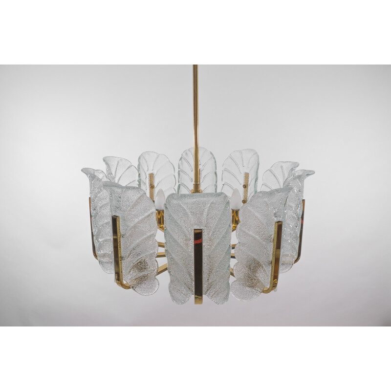 Vintage chandelier in glass and brass by Carl Fagerlund for Orrefors, Sweden 1960s