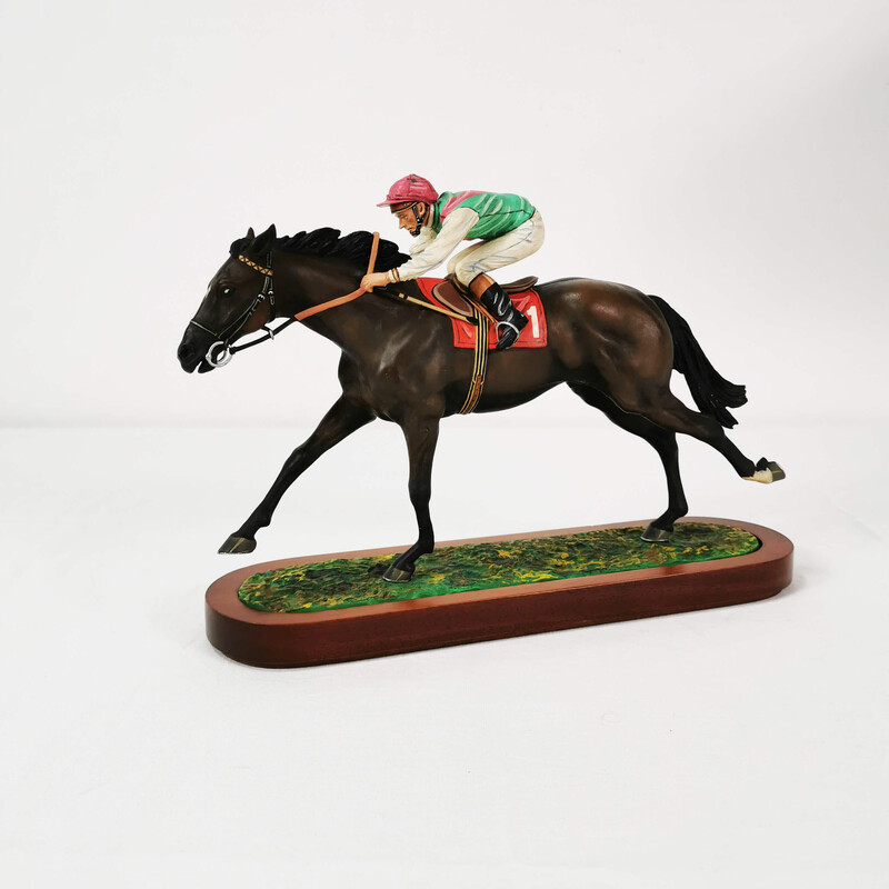 Vintage sculpture of a horse with a jockey at a gallop by R. Cameron, England 1960s