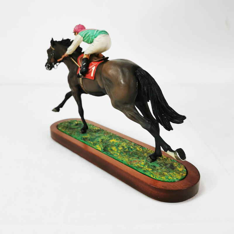 Vintage sculpture of a horse with a jockey at a gallop by R. Cameron, England 1960s
