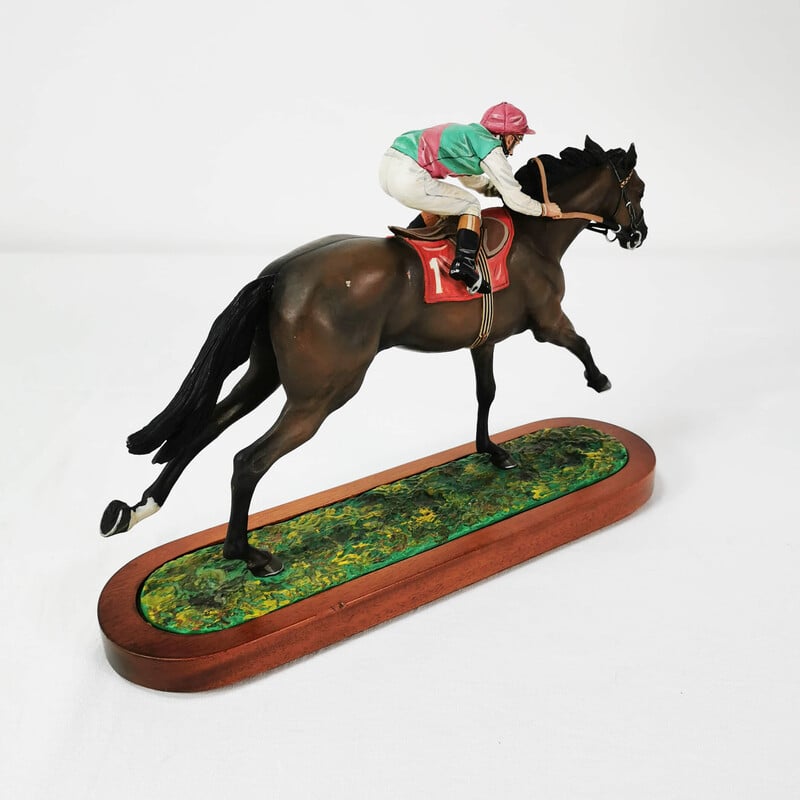 Vintage sculpture of a horse with a jockey at a gallop by R. Cameron, England 1960s