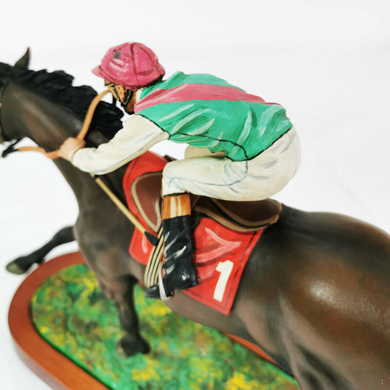 Vintage sculpture of a horse with a jockey at a gallop by R. Cameron, England 1960s