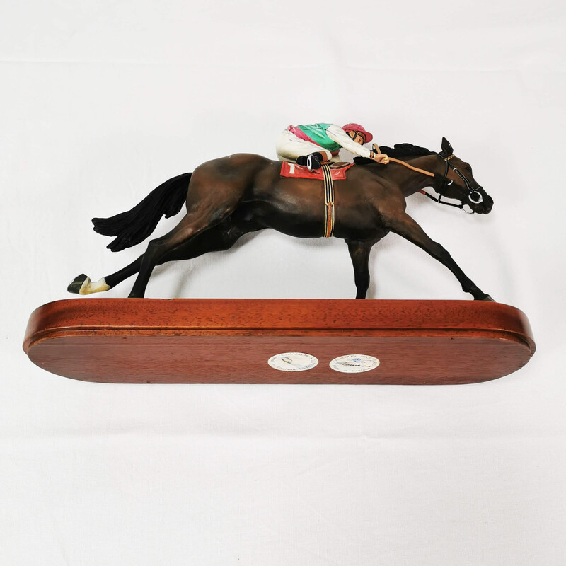 Vintage sculpture of a horse with a jockey at a gallop by R. Cameron, England 1960s