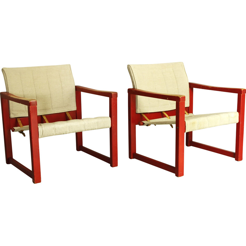 Pair of vintage Diana armchairs in beechwood and canvas by Karin Mobring for Ikea, 1970s