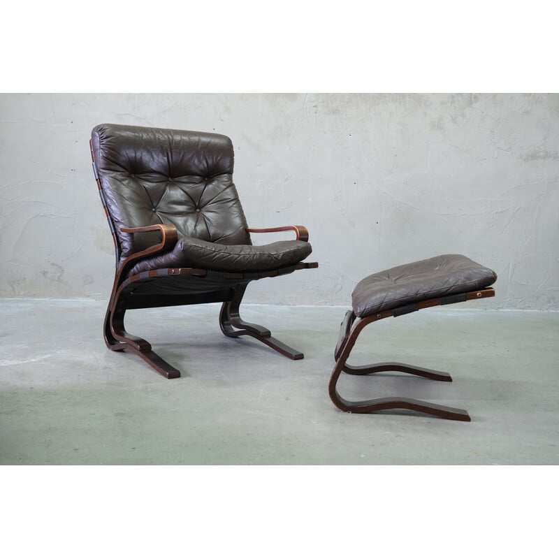 Mid century leather armchair and ottoman by Erda and Nordahl Solheim, Norway 1970s