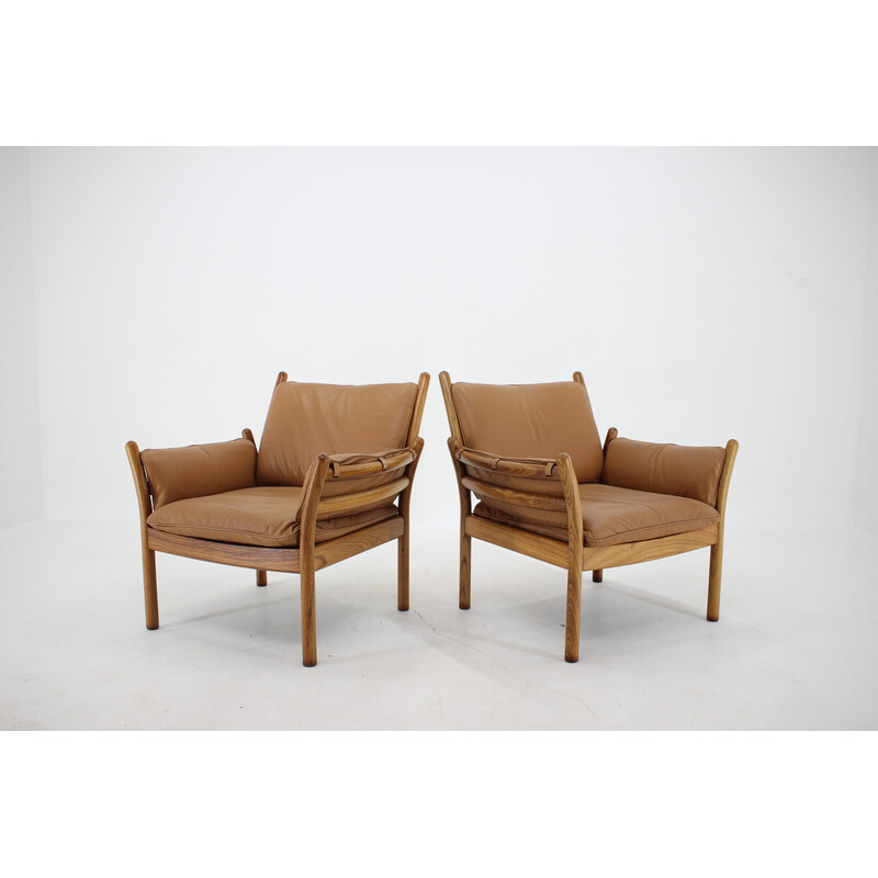 Pair of vintage Genius armchairs with ottoman in rosewood leather by Illum Wikkelsø for Cfc Silkeborg, Denmark 1960s