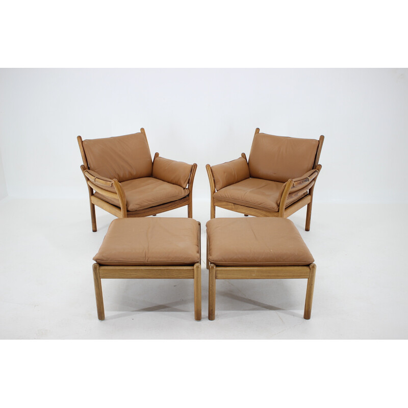 Pair of vintage Genius armchairs with ottoman in rosewood leather by Illum Wikkelsø for Cfc Silkeborg, Denmark 1960s