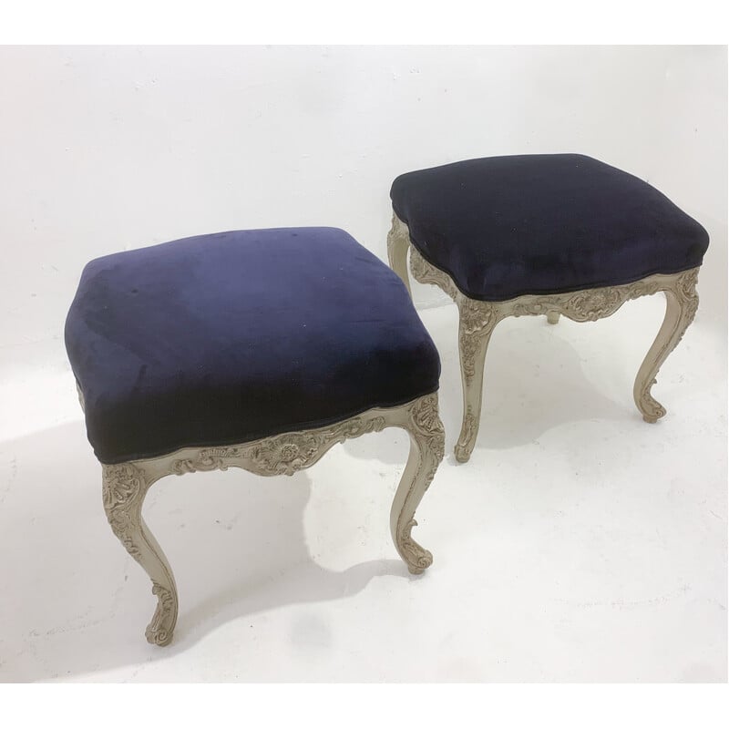 Pair of vintage footrests in purple velvet, Belgium