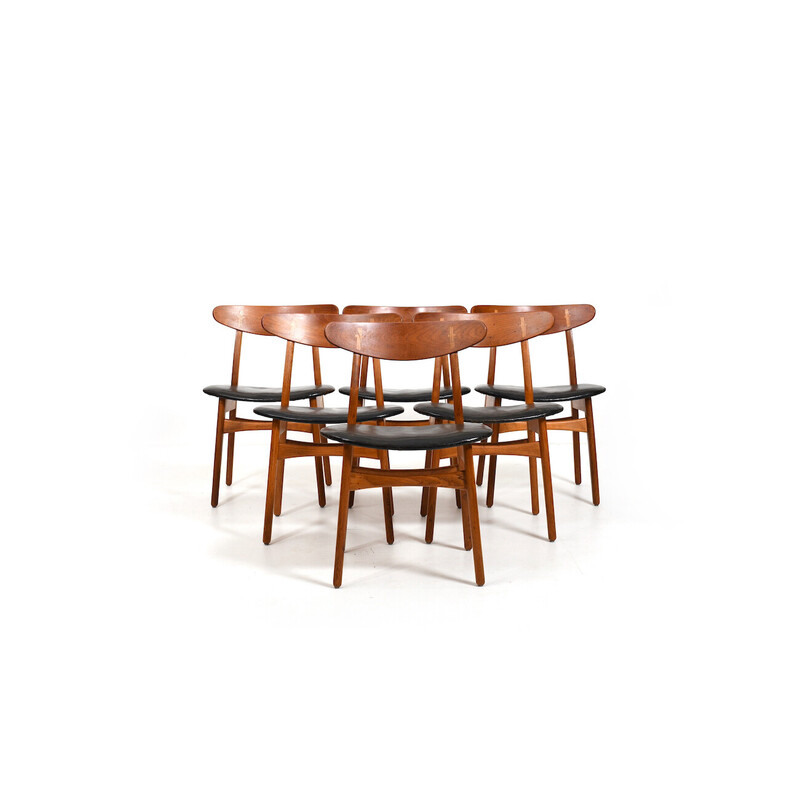 Set of 6 vintage Ch-30 chairs in wood and leather by Hans J. Wegner for Carl Hansen, Denmark 1950s
