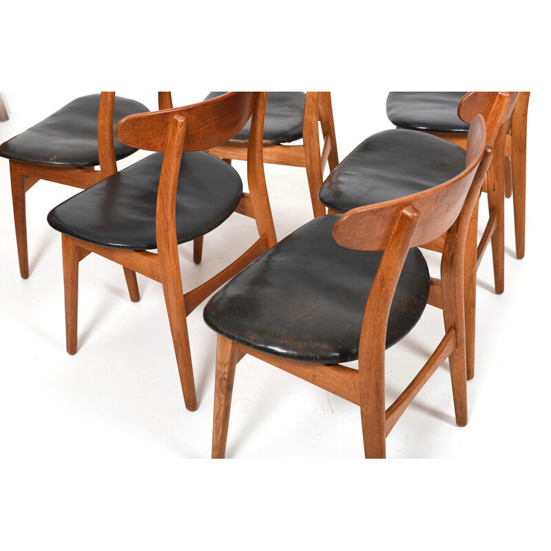 Set di 6 sedie vintage Ch-30 in legno e pelle di Hans J. Wegner per Carl Hansen, Danimarca anni '50