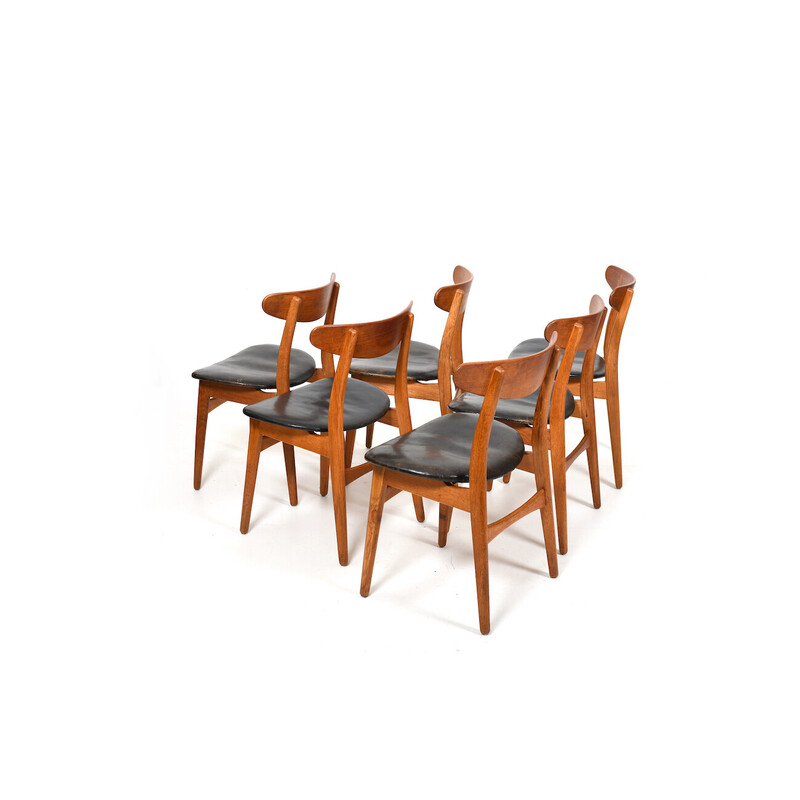 Satz von 6 Ch-30 Stühlen aus Holz und Leder von Hans J. Wegner für Carl Hansen, Dänemark 1950er Jahre