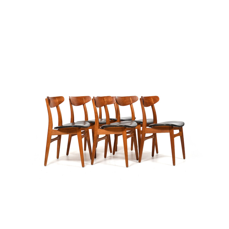 Set di 6 sedie vintage Ch-30 in legno e pelle di Hans J. Wegner per Carl Hansen, Danimarca anni '50