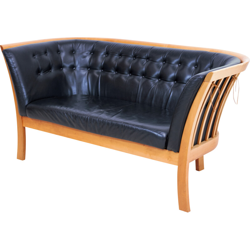 "Monica" vintage sofa in black leather and cherry wood for Stouby