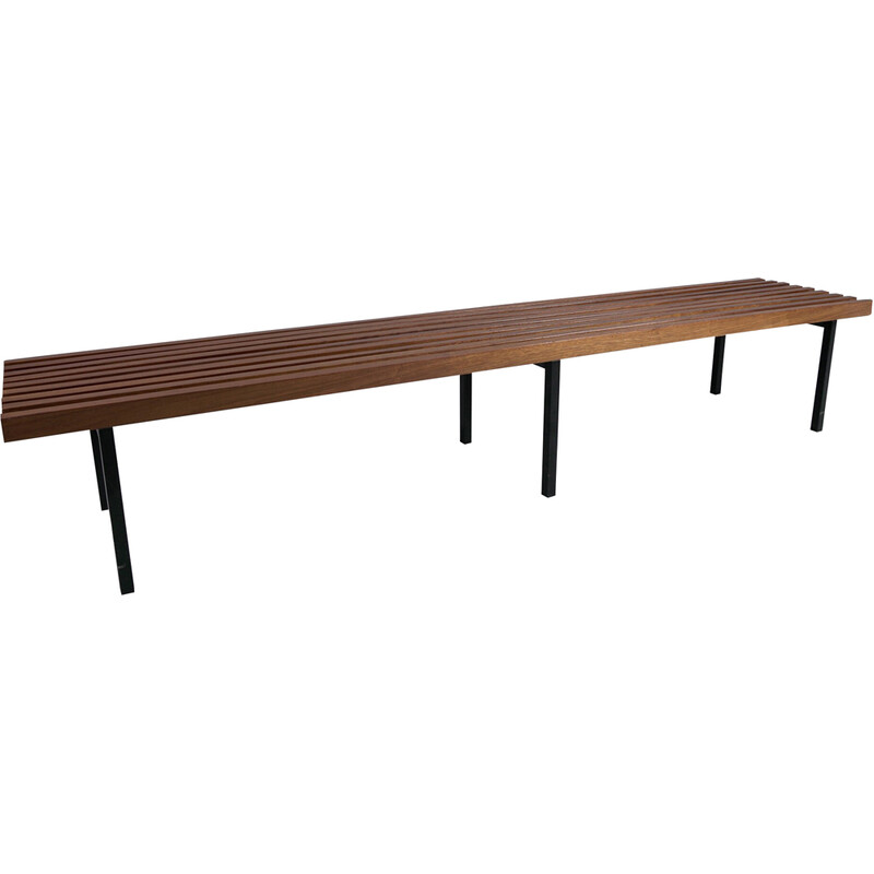 Vintage solid wood bench on six square metal legs, 1960s