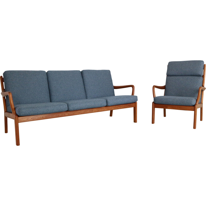 Vintage teak and blue wool living room set for L. Olsen& Son, Denmark 1960s