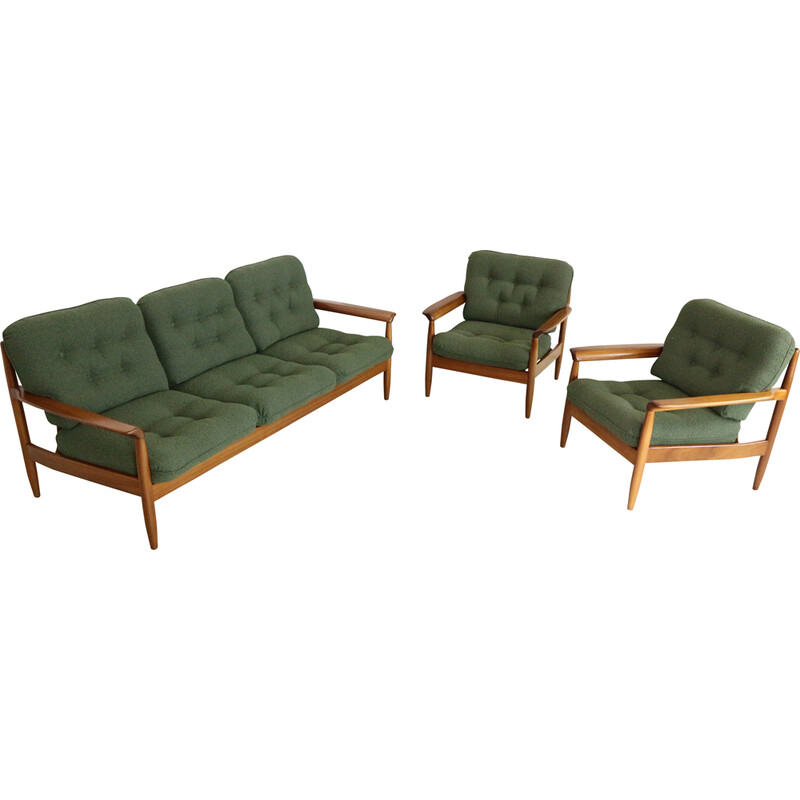 Vintage teak and green curly fabric living room set, Denmark 1960