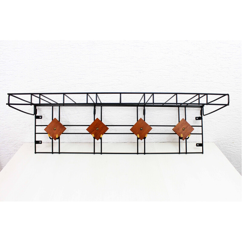 Vintage teak and metal wall coat rack, 1970