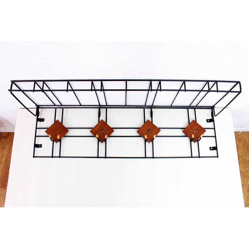 Vintage teak and metal wall coat rack, 1970