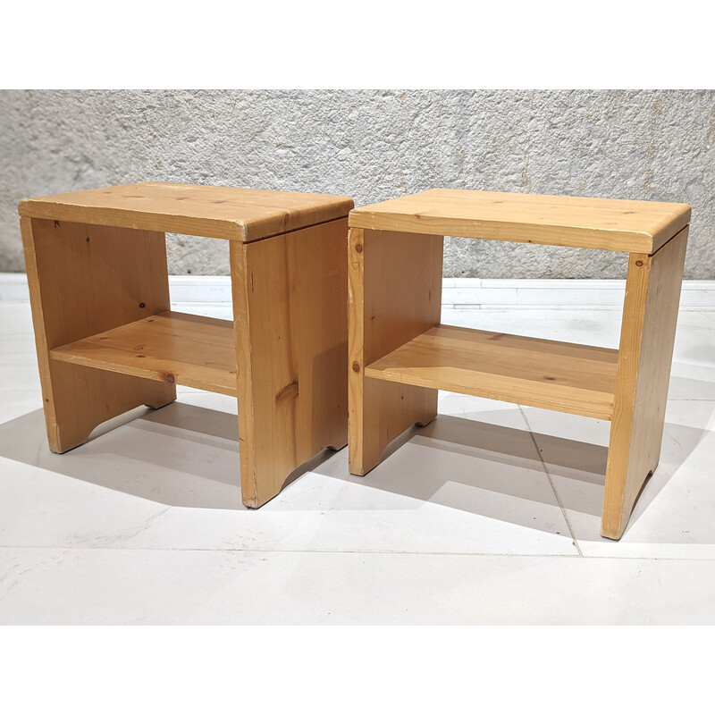 Pair of vintage pine stools "les Arcs" by Charlotte Perriand, 1960s