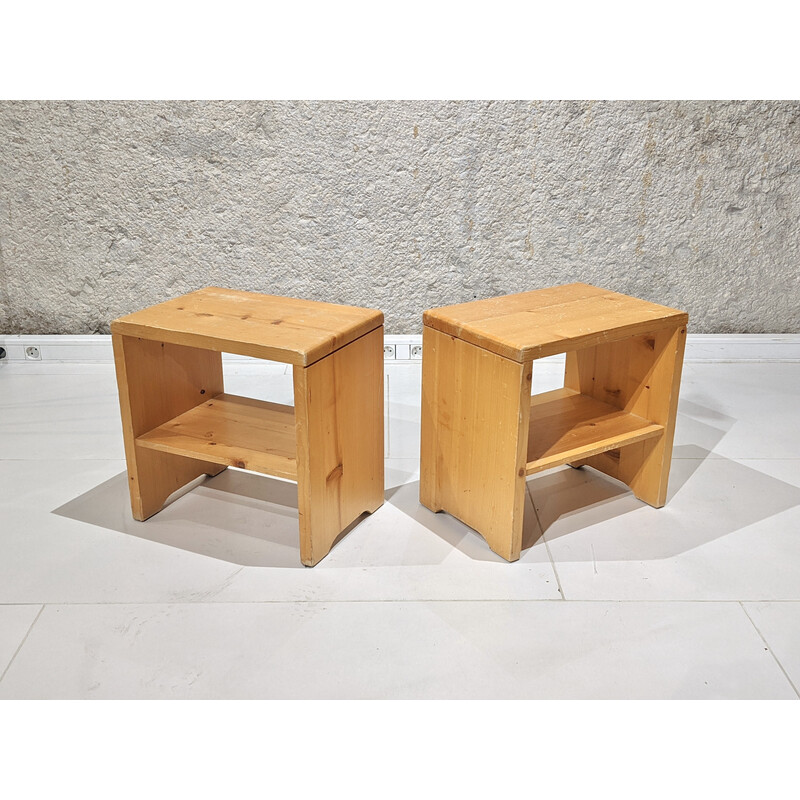 Pair of vintage pine stools "les Arcs" by Charlotte Perriand, 1960s