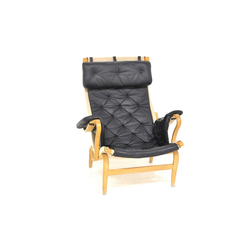 Pernilla" vintage fauteuil in zwart leer en eikenhout van Bruno Mathsson voor Karl Mathsson, Zweden 1960