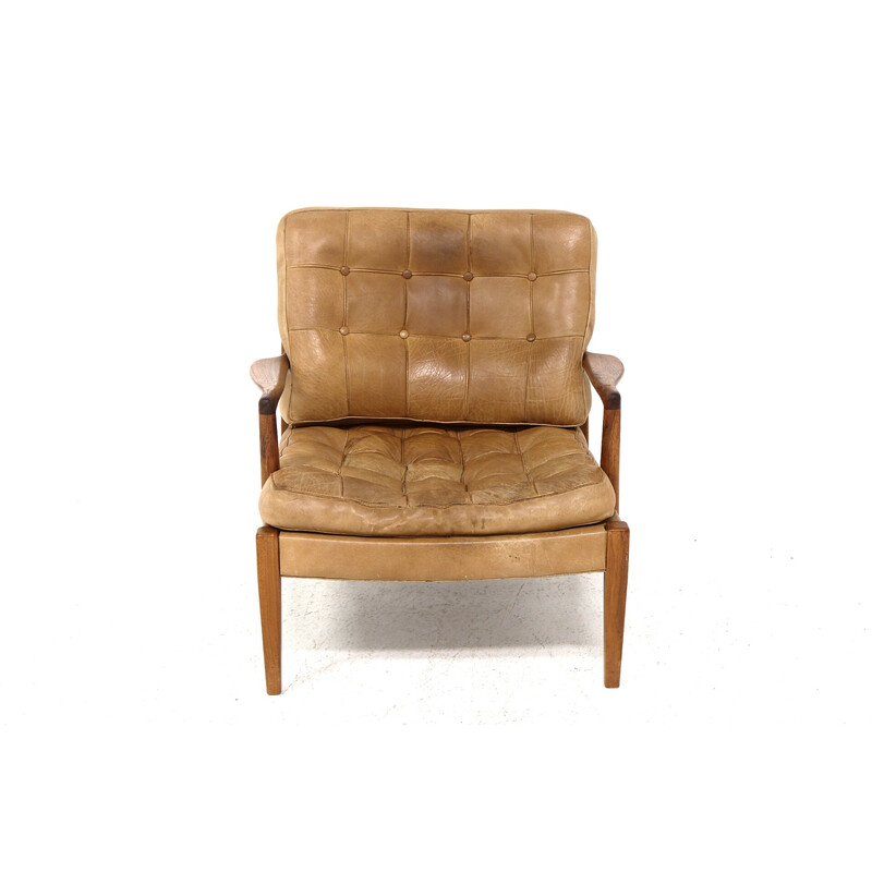 Löven" vintage fauteuil in teak en leer van Arne Norell, Zweden 1960