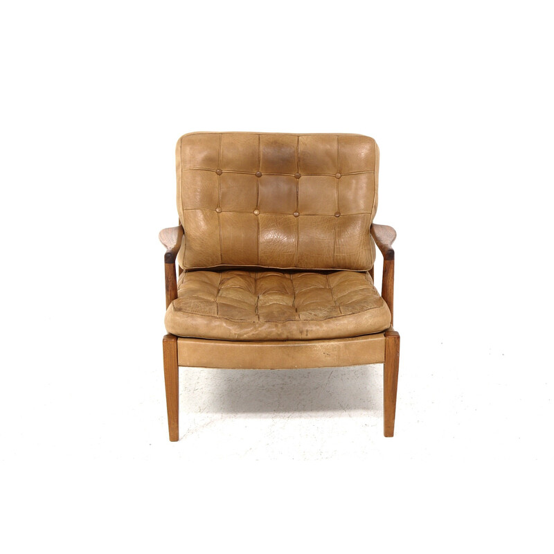 Vintage "Löven" armchair in teak and leather by Arne Norell, Sweden 1960s