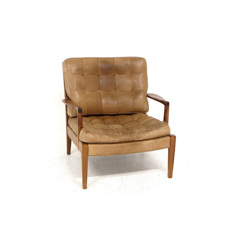 Poltrona vintage "Löven" in teak e pelle di Arne Norell, Svezia 1960