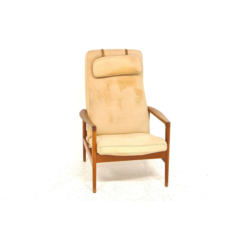 Vintage leather and teak armchair by Alf Svensson for Dux, Sweden 1960