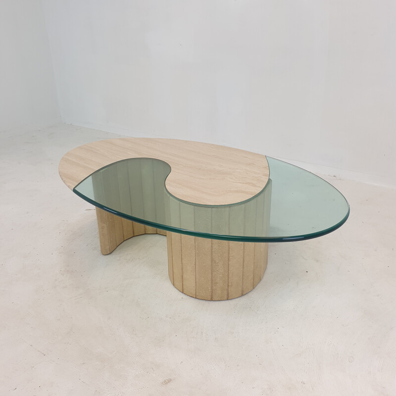 Italian vintage travertine and glass coffee table, 1980s
