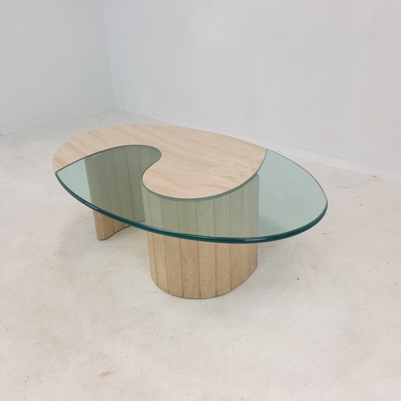 Italian vintage travertine and glass coffee table, 1980s