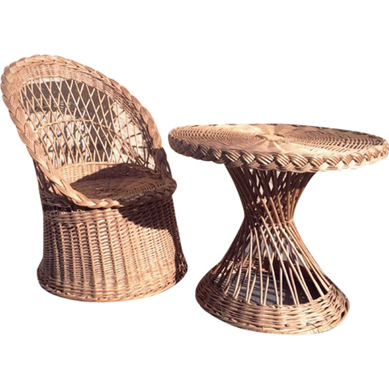 Set of an armchair "diabolo" in rattan with its little coffee table in rattan - 1960s