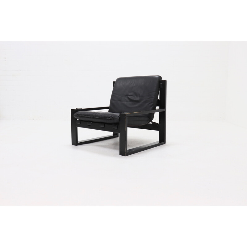 Vintage brutalist oakwood and leather lounge chair by Sonja Wasseur, 1970s