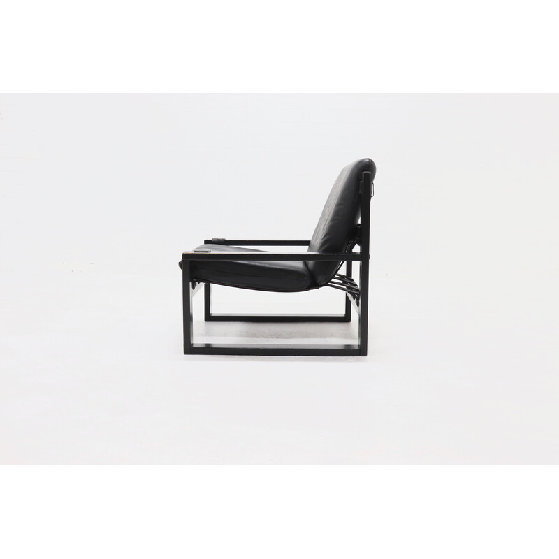 Vintage brutalist oakwood and leather lounge chair by Sonja Wasseur, 1970s