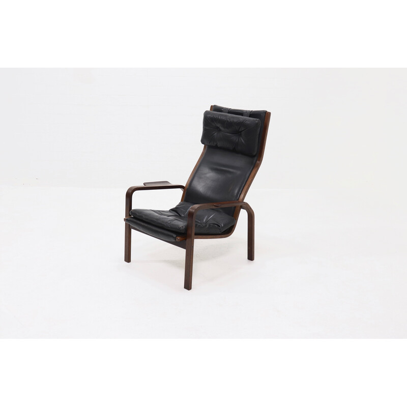 Scandinavian vintage lounge chair in wenge wood and leather by Yngve Ekstrom for Swedese Ab, Sweden 1960s