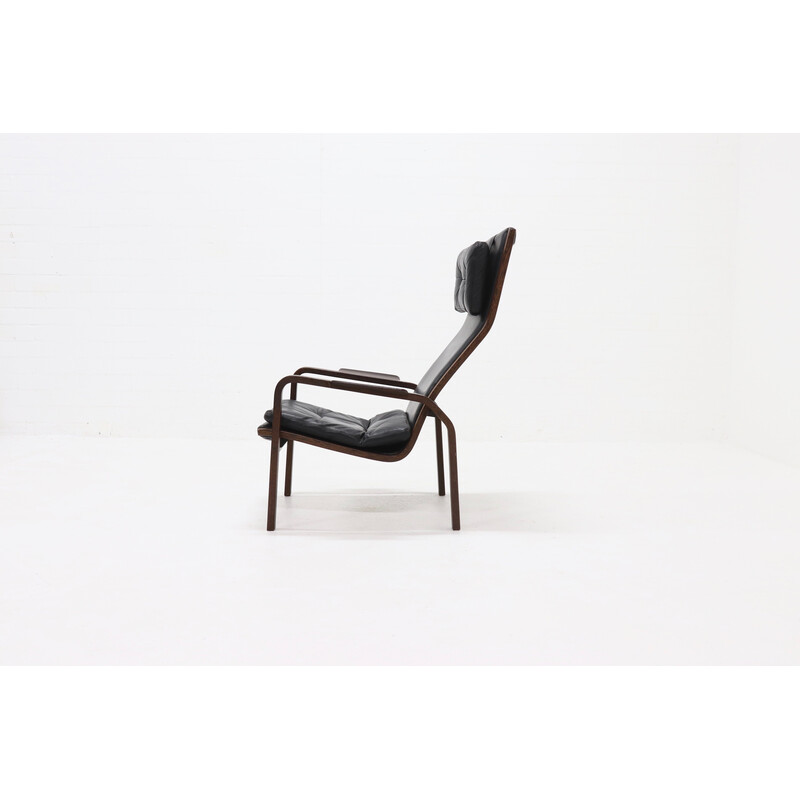 Scandinavian vintage lounge chair in wenge wood and leather by Yngve Ekstrom for Swedese Ab, Sweden 1960s