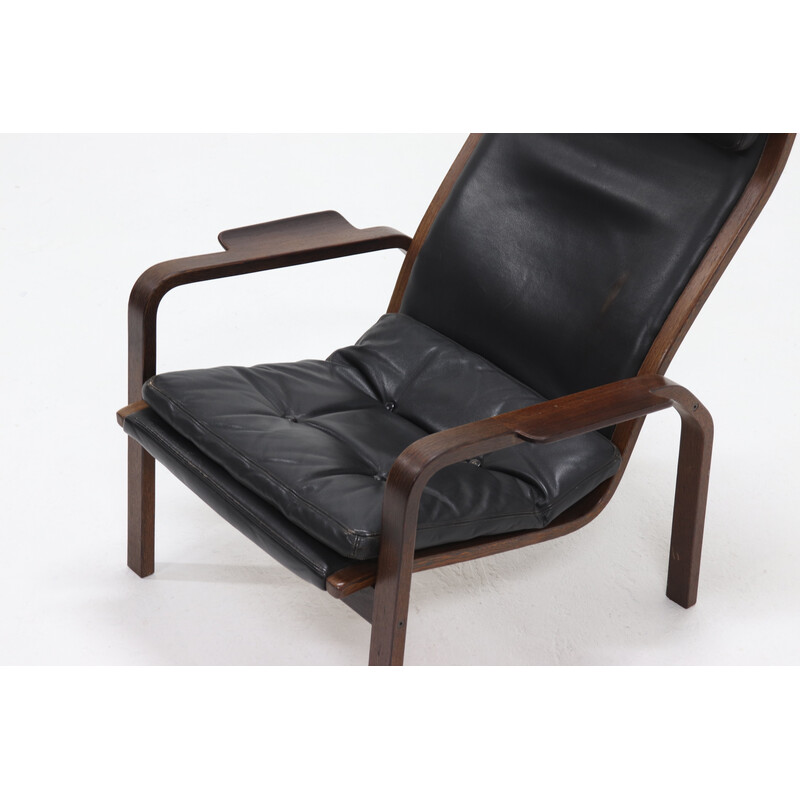 Scandinavian vintage lounge chair in wenge wood and leather by Yngve Ekstrom for Swedese Ab, Sweden 1960s