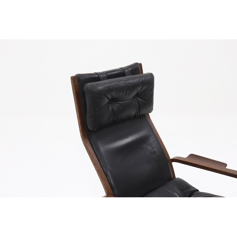 Scandinavian vintage lounge chair in wenge wood and leather by Yngve Ekstrom for Swedese Ab, Sweden 1960s