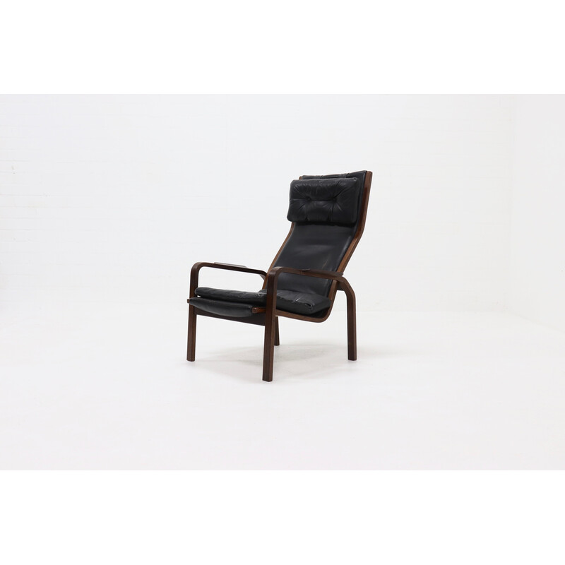 Scandinavian vintage lounge chair in wenge wood and leather by Yngve Ekstrom for Swedese Ab, Sweden 1960s