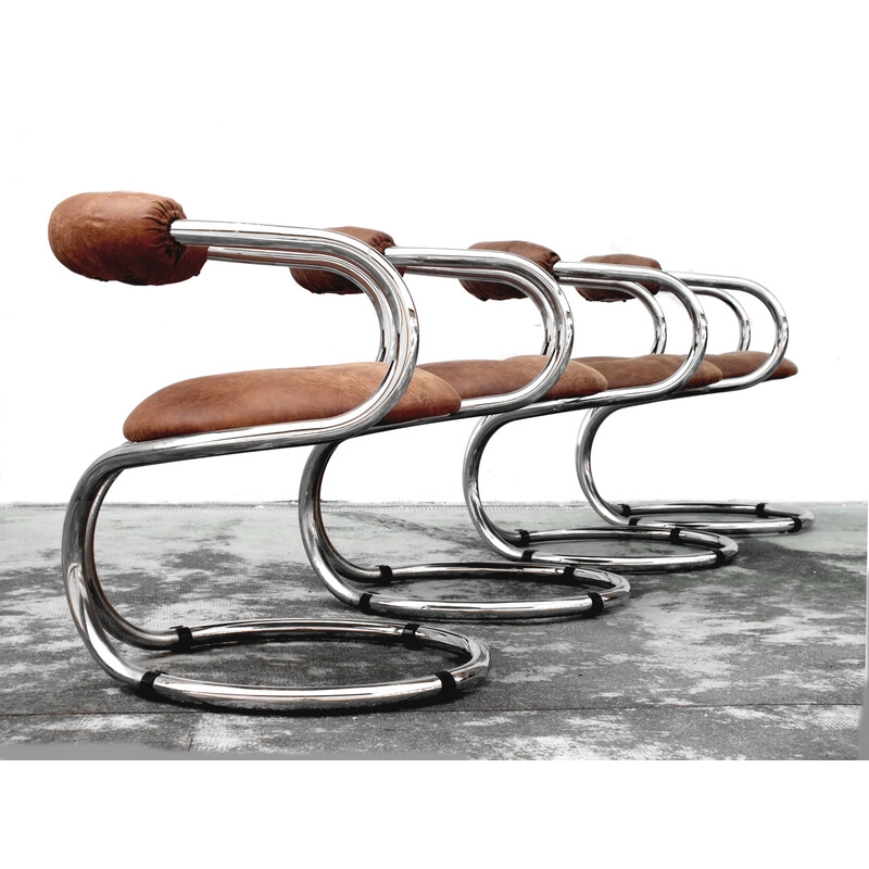 Set of 4 vintage chairs in chrome by Bonzanini Rudy for Tecnosalotto Mantova, Italy 1970