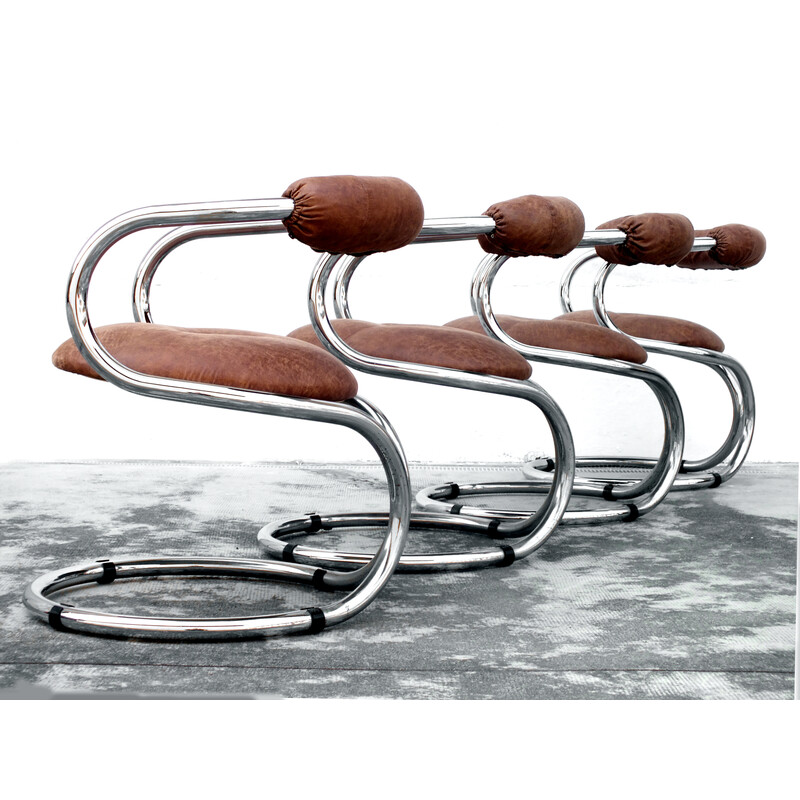 Set of 4 vintage chairs in chrome by Bonzanini Rudy for Tecnosalotto Mantova, Italy 1970