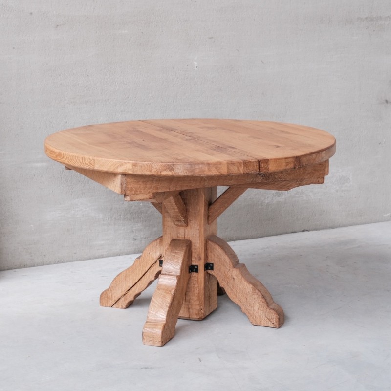 Mesa de comedor circular extensible de madera de roble de mediados de siglo de De Puydt, Bélgica años 70