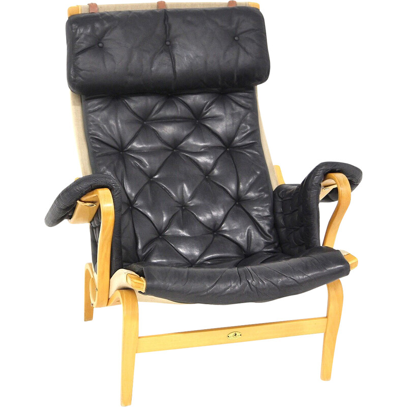 Vintage "pernilla" fauteuil in zwart leer en eikenhout van Bruno Mathsson voor Karl Mathsson, Zweden 1960