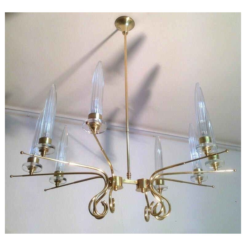 Italian brass and Murano glass sputnik chandelier - 1950s