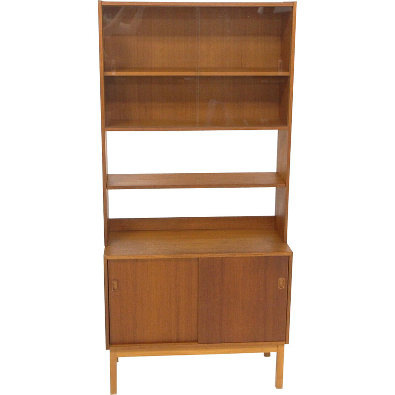 Vintage teak and beechwood display cabinet with sliding doors, Sweden 1960s