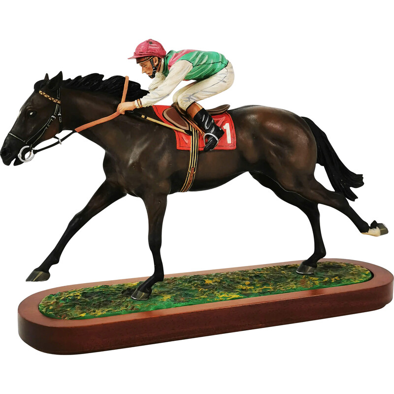 Vintage sculpture of a horse with a jockey at a gallop by R. Cameron, England 1960s